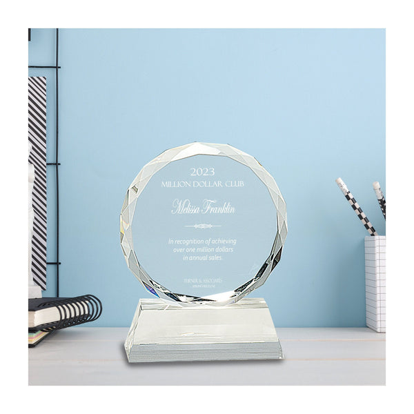 Ravanox Clear Round Facet Crystal Award, 5" lifetime engraving