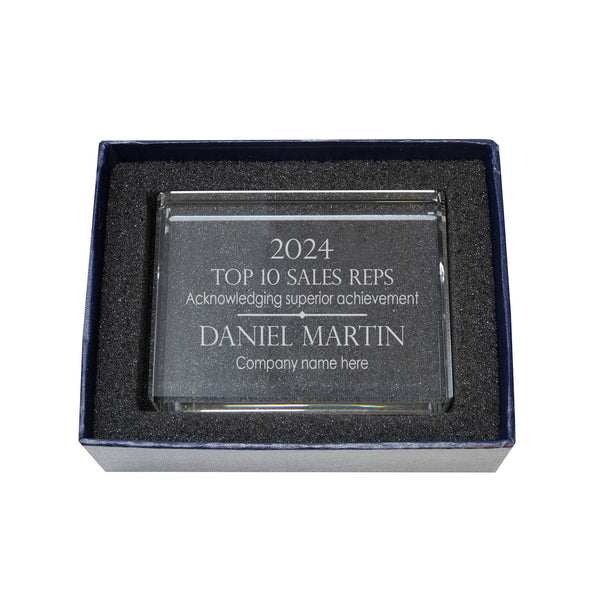 Ravanox Crystal Rectangle Paperweight, 4" lifetime engraving