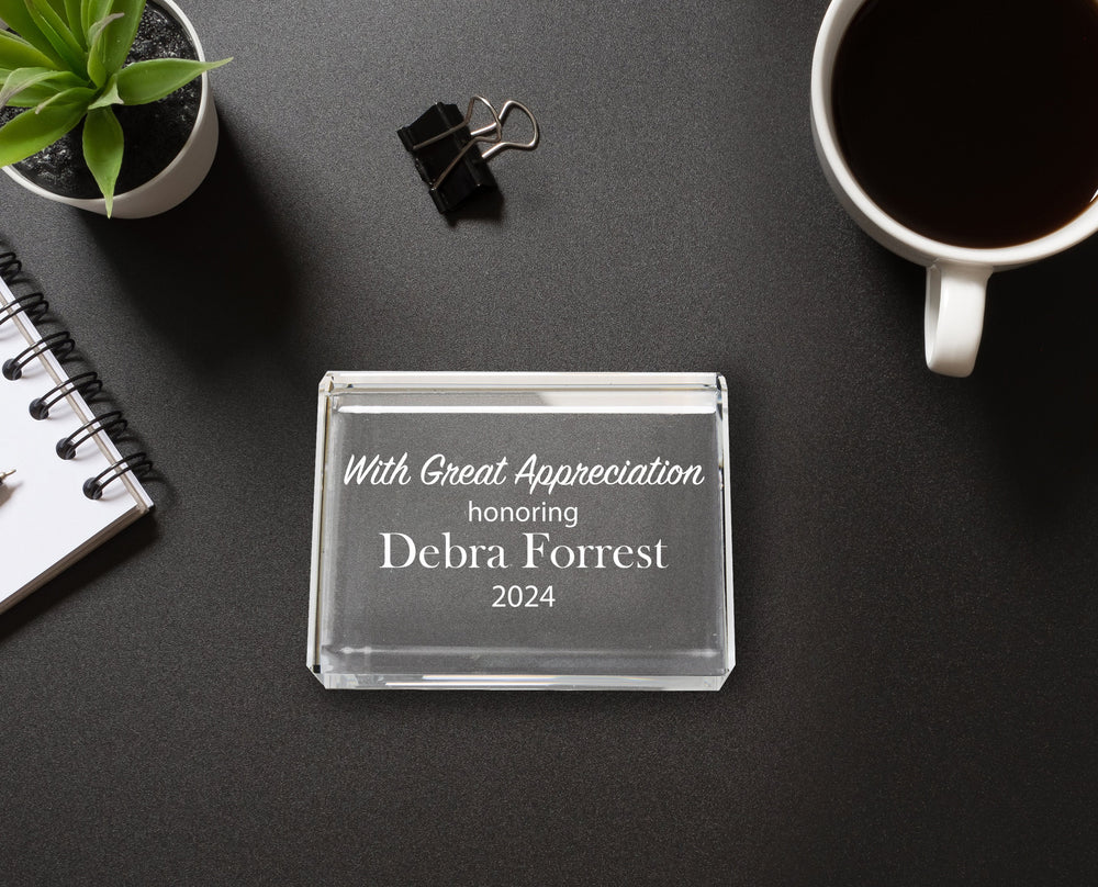 Ravanox Crystal Rectangle Paperweight, 4" lifetime engraving