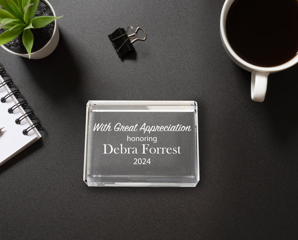 Ravanox Crystal Rectangle Paperweight, 4" lifetime engraving