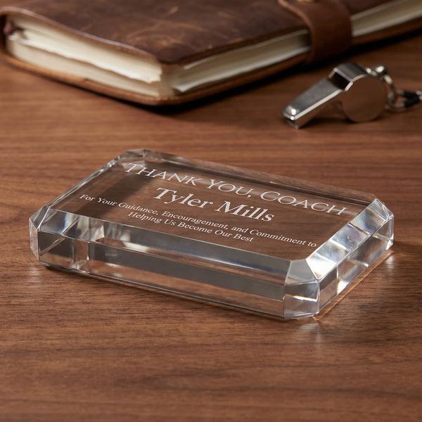 Ravanox Crystal Rectangular Clipped Corner Paperweight, 4" lifetime engraving