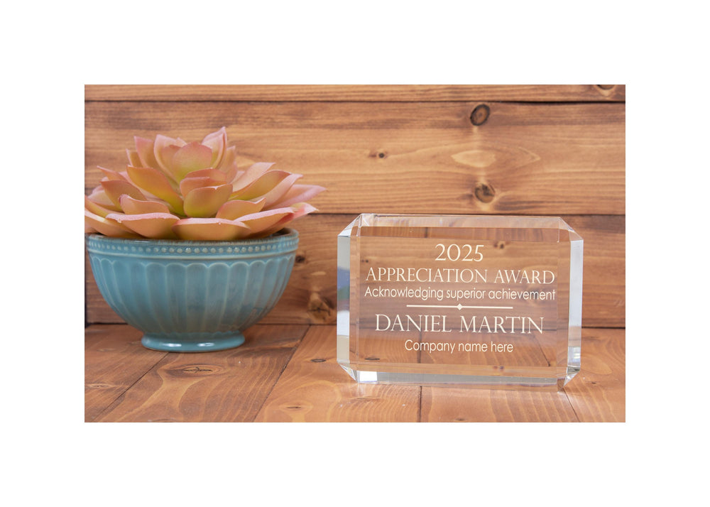 Ravanox Rectangular Crystal Paperweight, 4" x 2.75" lifetime engraving