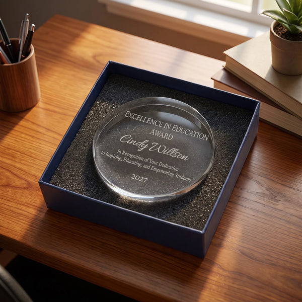 Ravanox Crystal Round Paperweight, 3" lifetime engraving