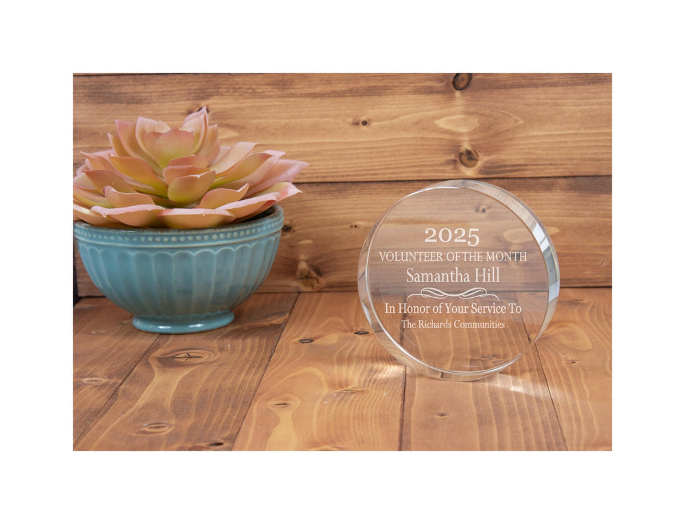 Ravanox Crystal Round Paperweight, 3 1/8" lifetime engraving