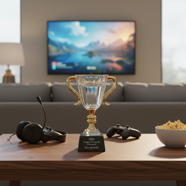 Glass trophy on a coffee table with gaming console and headset in a living room setting.
