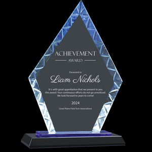 Ravanox Glass Blue Diamond Accent Award, 9" lifetime engraving