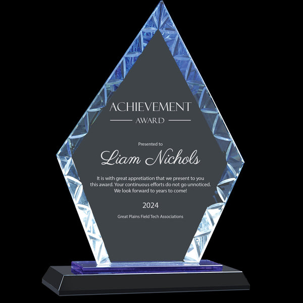 Ravanox Glass Blue Diamond Accent Award, 9" lifetime engraving