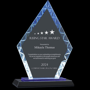 Ravanox Glass Blue Diamond Accent Award, 9" lifetime engraving