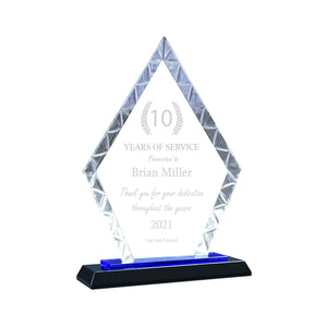 Ravanox Glass Blue Diamond Accent Award, 9" lifetime engraving