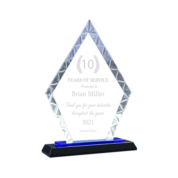 Ravanox Glass Blue Diamond Accent Award, 9" lifetime engraving