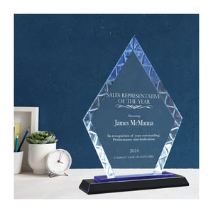 Ravanox Glass Blue Diamond Accent Award, 9" lifetime engraving
