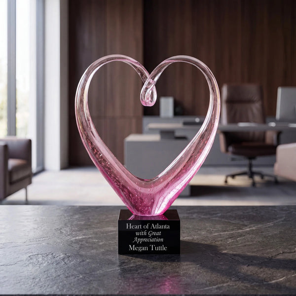 Ravanox Pink Glass Heart Award, 9" lifetime engraving