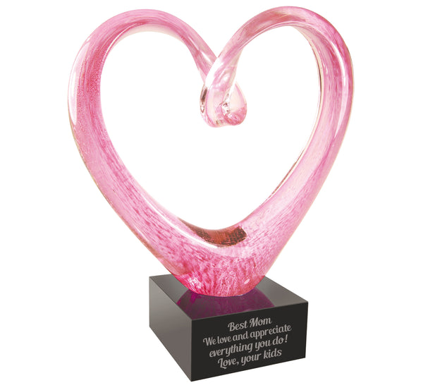 Ravanox Pink Glass Heart Sculpture for Breast Cancer Awareness & Survivors, 9" lifetime engraving