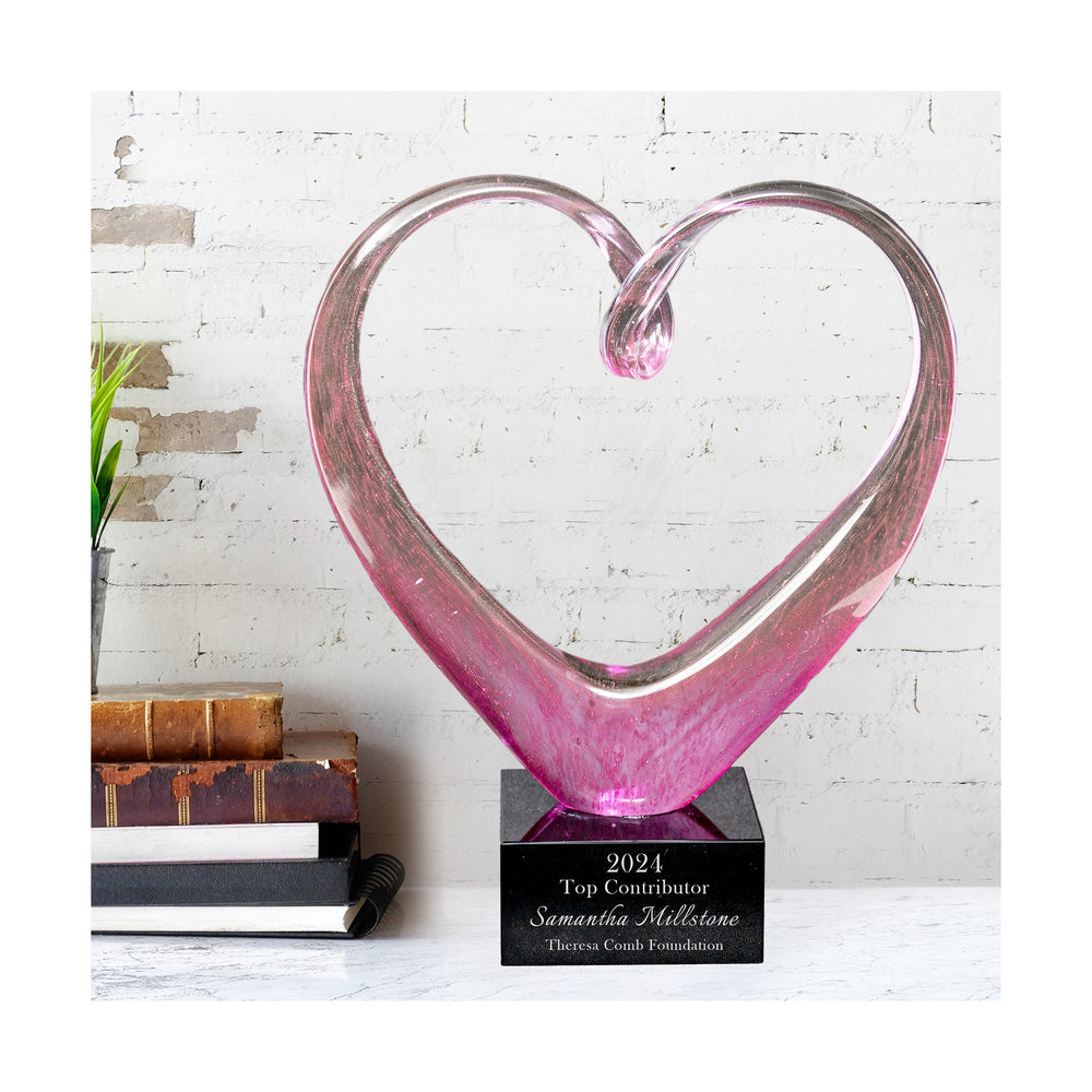Ravanox Pink Glass Heart Sculpture for Breast Cancer Awareness & Survivors, 9" lifetime engraving