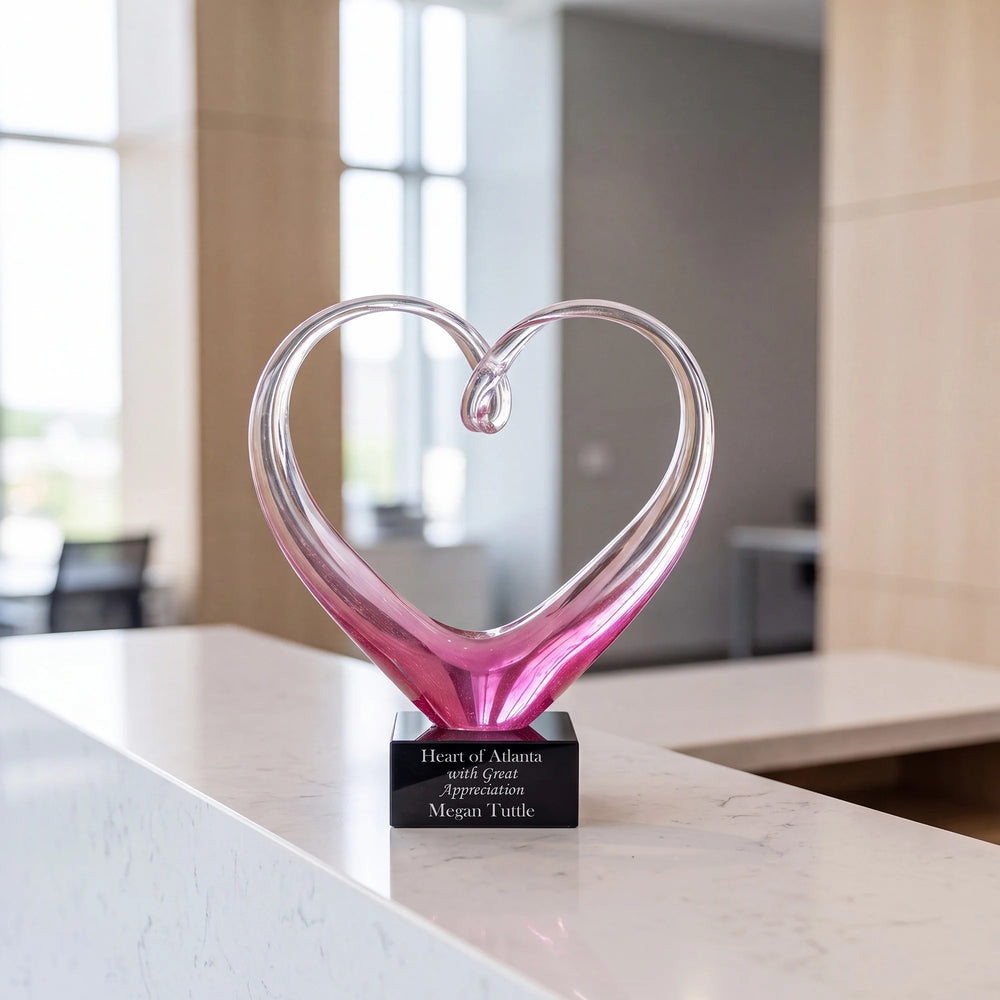 Ravanox Pink Glass Heart Award, 9" lifetime engraving