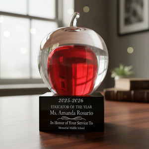 Ravanox Red and Clear Glass Apple on Black Base Award, 5.75" lifetime engraving