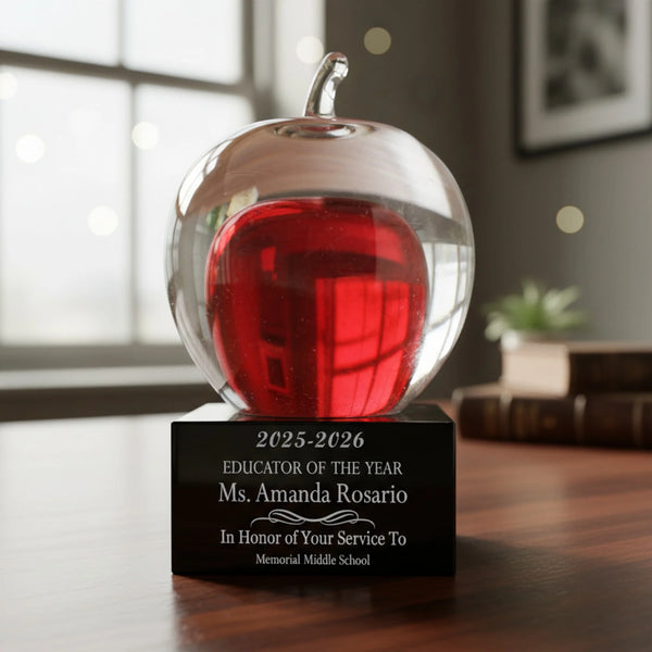 Ravanox Red and Clear Glass Apple on Black Base Award, 5.75" lifetime engraving