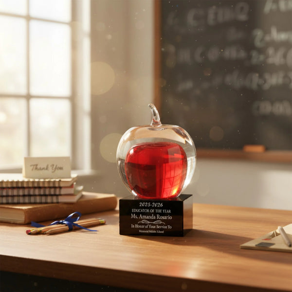 Ravanox Red and Clear Glass Apple on Black Base Award, 5.75" lifetime engraving