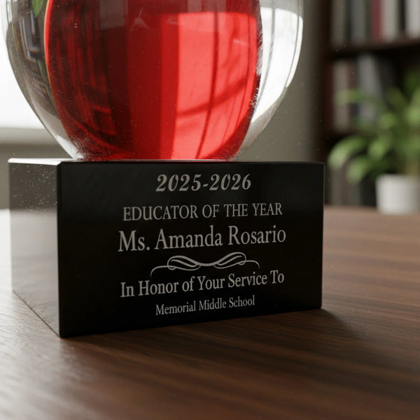 Ravanox Red and Clear Glass Apple on Black Base Award, 5.75" lifetime engraving