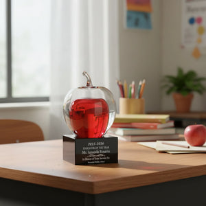 Ravanox Red and Clear Glass Apple on Black Base Award, 5.75" lifetime engraving