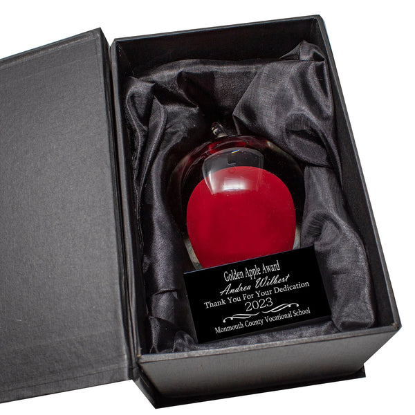 Ravanox Red and Clear Glass Apple on Black Base Award, 5.75" lifetime engraving