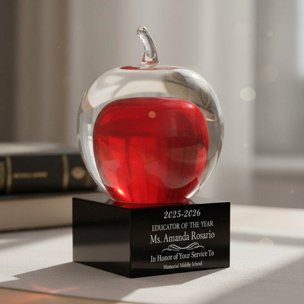 Ravanox Red and Clear Glass Apple on Black Base Award, 5.75" lifetime engraving