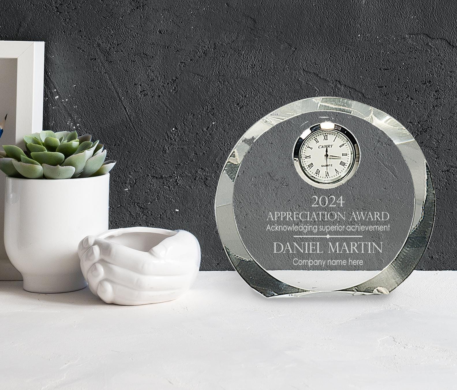 Ravanox Round Crystal Desk Clock Award, 4 1/2" lifetime engraving