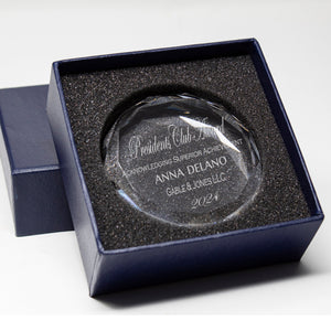 Ravanox Round Crystal Paperweight, 3" lifetime engraving