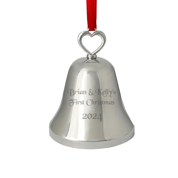 Ravanox Silver Bell Ornament with Heart Top, 3.25" lifetime engraving