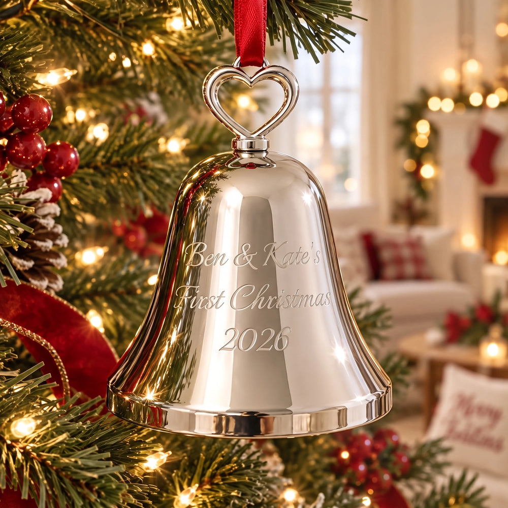 Ravanox Silver Bell Ornament with Heart Top lifetime engraving