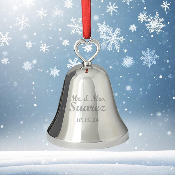Ravanox Silver Bell Ornament with Heart Top, 3.25" lifetime engraving