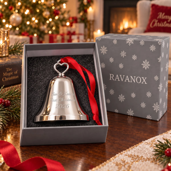 Ravanox Silver Bell Ornament with Heart Top lifetime engraving
