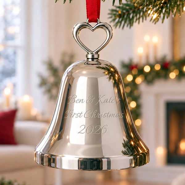 Ravanox Silver Bell Ornament with Heart Top lifetime engraving