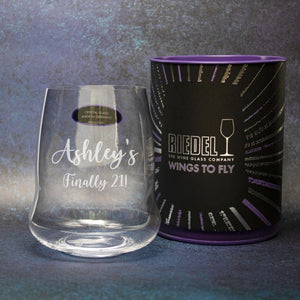Riedel Wings to Fly Stemless Wine Glass with Believe in the Magic of Christmas Design lifetime engraving
