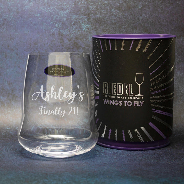 Riedel Wings to Fly Stemless Wine Glass with Believe in the Magic of Christmas Design lifetime engraving