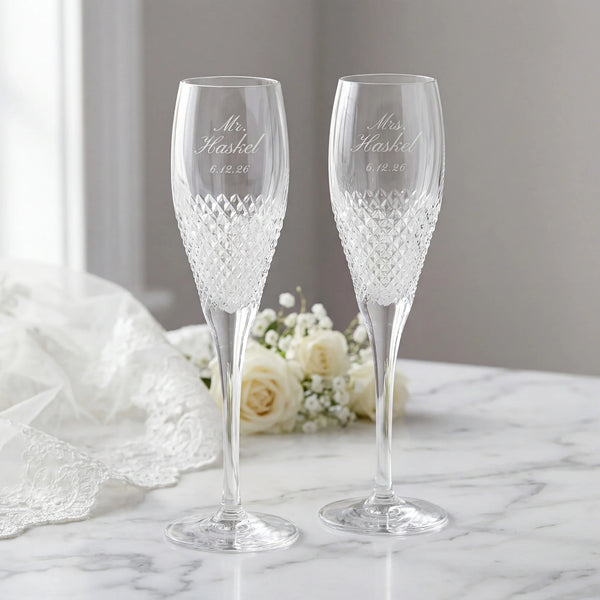 Engraved Vera Wang Wedgwood Diamond Mosaic Champagne Flutes, Set of 2 display picture 1