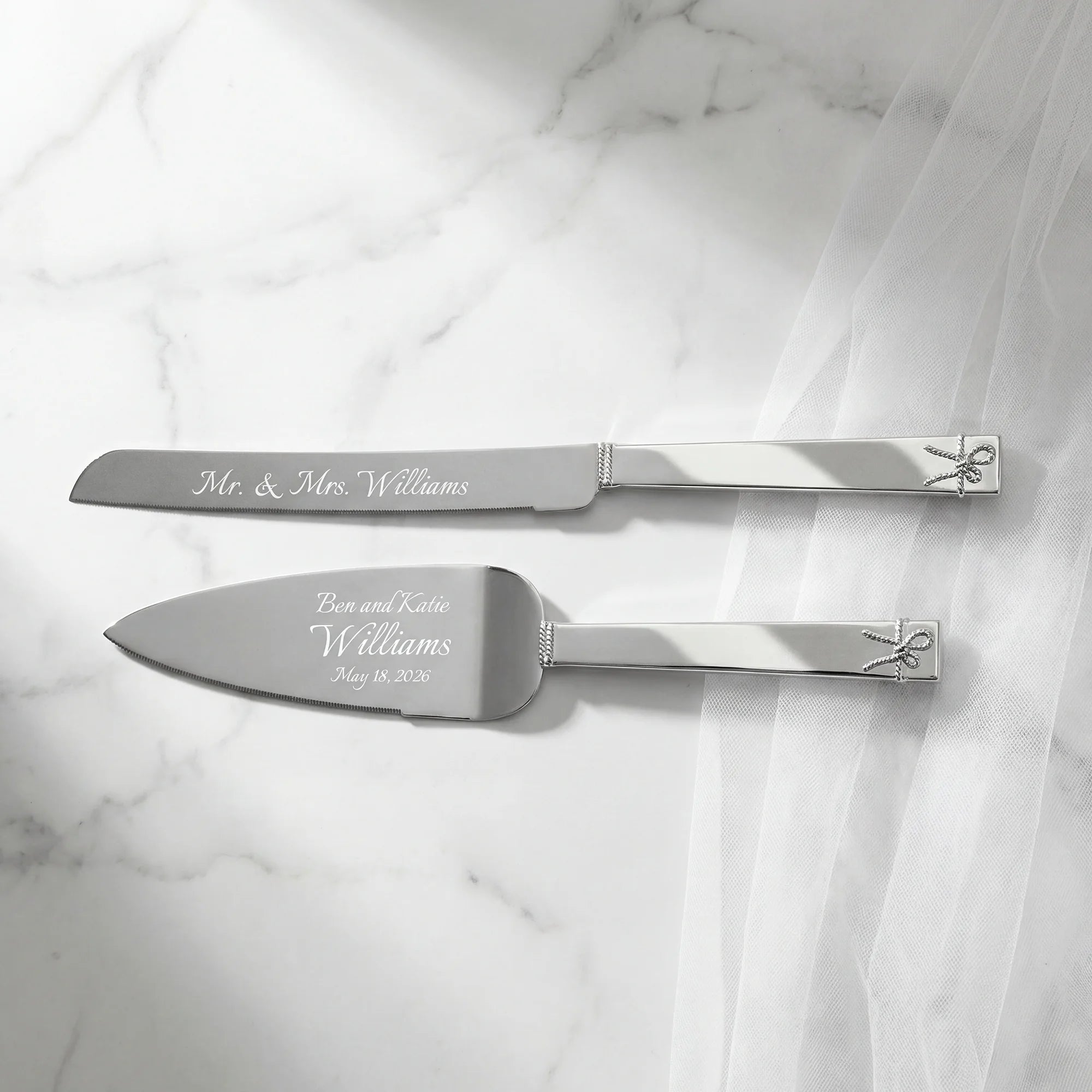 Engraved Vera Wang Love Knots Silver Wedding Cake Cutting Set