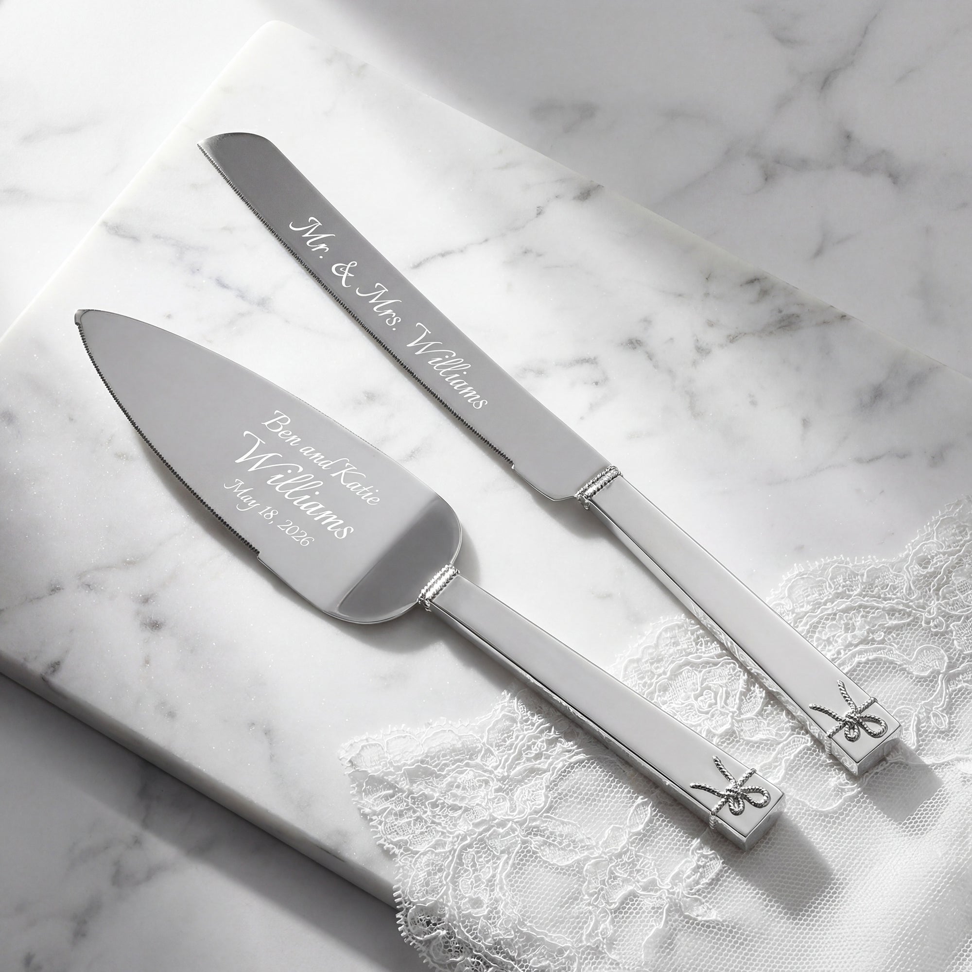 Engraved Vera Wang Love Knots Silver Wedding Cake Cutting Set