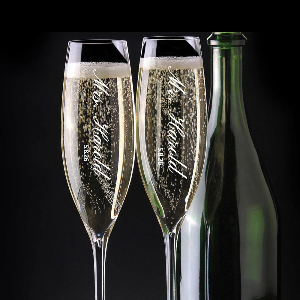 Waterford Elegance Champagne Flutes Vertical Engraved Mr & Mrs Design, Set of 2 lifetime engraving