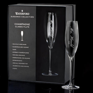 Waterford Elegance Champagne Flutes Vertical Engraved Mr & Mrs Design, Set of 2 lifetime engraving