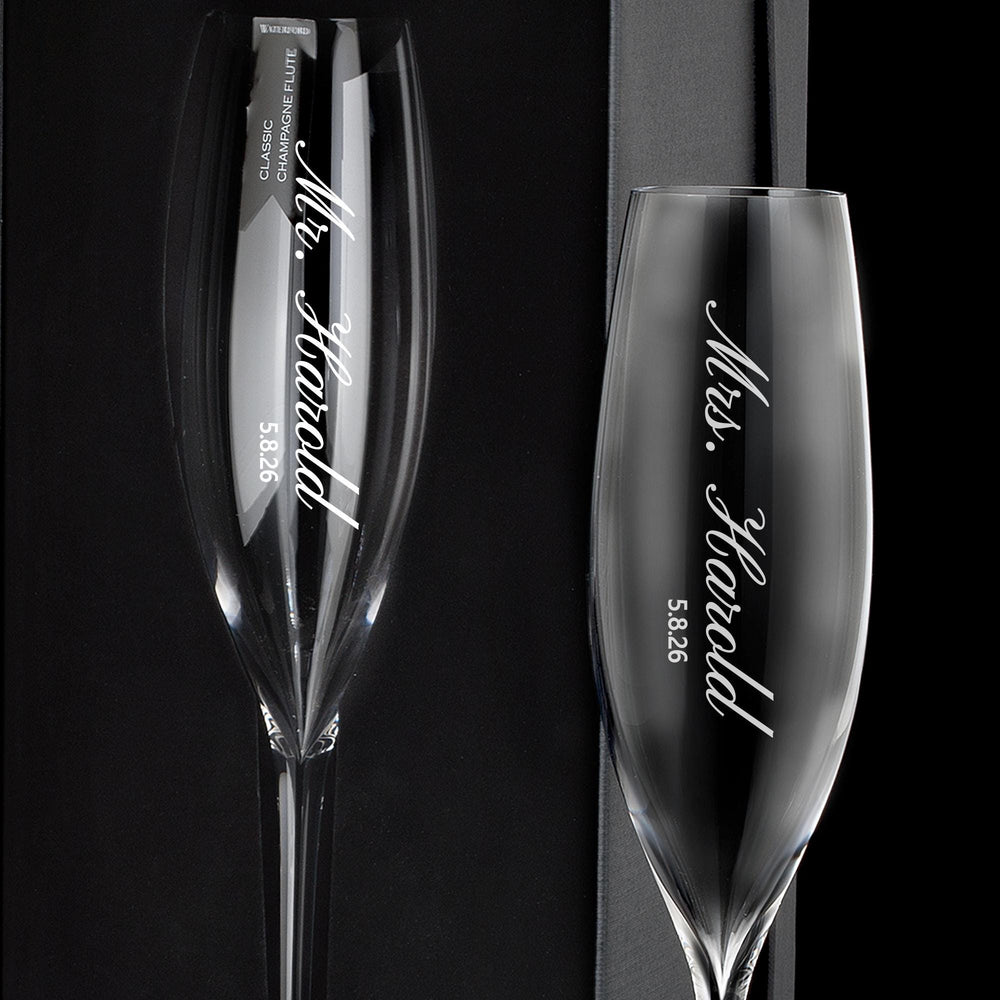 Waterford Elegance Champagne Flutes Vertical Engraved Mr & Mrs Design, Set of 2 lifetime engraving
